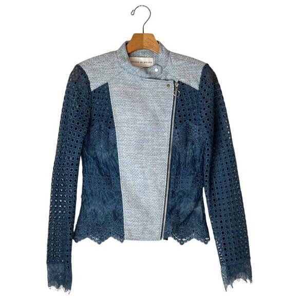 Chelsea And Walker Jacket Women‎ 4 Blue Crochet Lace Mario Denim Jacket Preppy - Picture 2 of 11